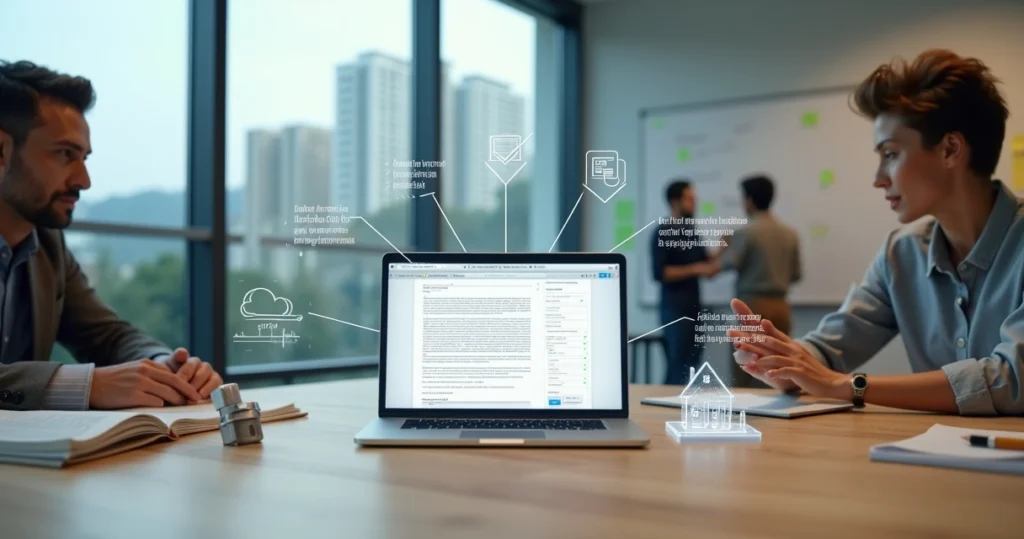 Advogado e fundadora de startup revisando contrato imobiliário digital em escritório moderno