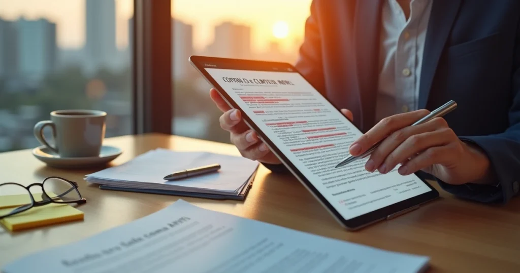 Profissional revisando contrato digital de imóvel em tablet com marcações de erro