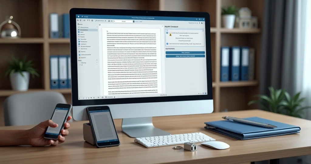 Profissional anexando documento escaneado a contrato digital em tela de computador