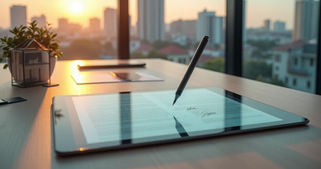 Tela de tablet exibindo contrato de imóvel sendo assinado digitalmente sobre mesa moderna