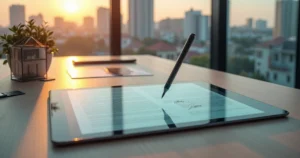 Tela de tablet exibindo contrato de imóvel sendo assinado digitalmente sobre mesa moderna