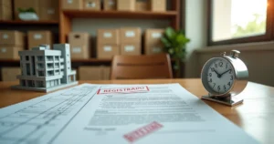 Carimbo de registro em contrato de imóvel ao lado de miniatura de prédio e relógio