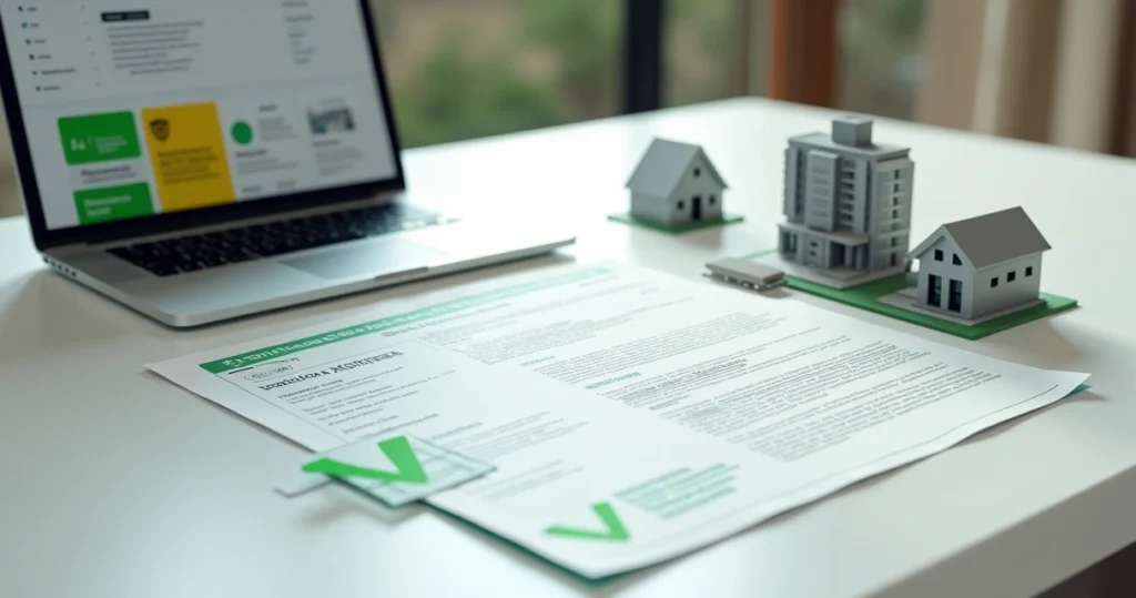 Certidão negativa de débito destacada sobre miniatura de prédio residencial e selo digital verde