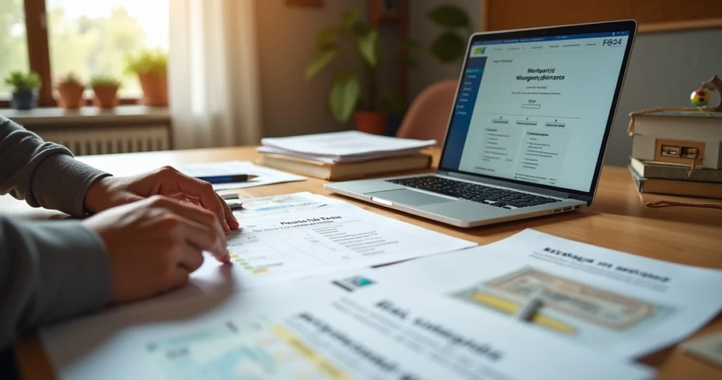 Pessoa organizando documentos de financiamento imobiliário sobre a mesa