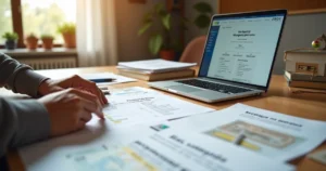 Pessoa organizando documentos de financiamento imobiliário sobre a mesa