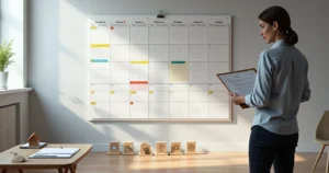 Comprador diante de calendário gigante analisando prazo contratual de imóvel