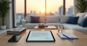 Mesa com contrato de aluguel de apartamento sendo revisado em tablet