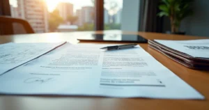 Tabela com contrato de compra e venda de imóvel destacado entre documentos e planta baixa
