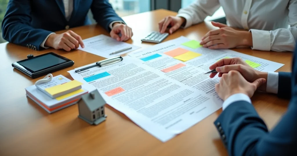 Contrato de compra e venda de imóvel com marcações em mesa de reunião profissional