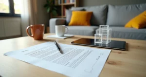 Contrato de locação detalhado em mesa com sofá ao fundo