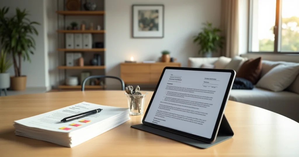 Contrato de locação aberto em tablet sobre mesa em sala integrada