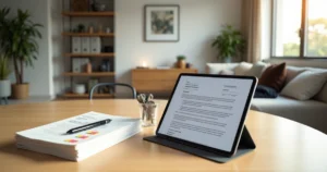 Contrato de locação aberto em tablet sobre mesa em sala integrada