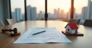 Mesa de reunião com contrato de locação residencial destacado ao lado de miniatura de casa e carimbo jurídico