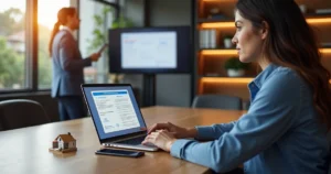 Corretora de imóveis usando notebook para assinar contrato eletrônico em ambiente moderno