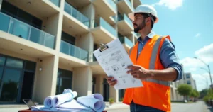 Engenheiro vistoriando fachada de prédio com prancheta para obtenção de habite-se