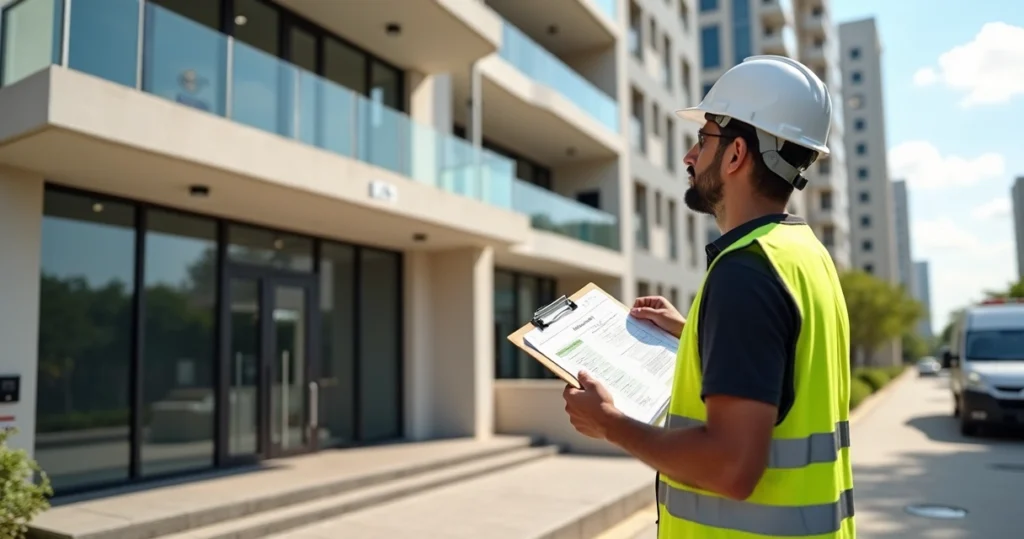 Engenheiro vistoriando fachada de prédio residencial para emissão de habite-se