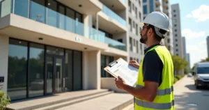 Engenheiro vistoriando fachada de prédio residencial para emissão de habite-se