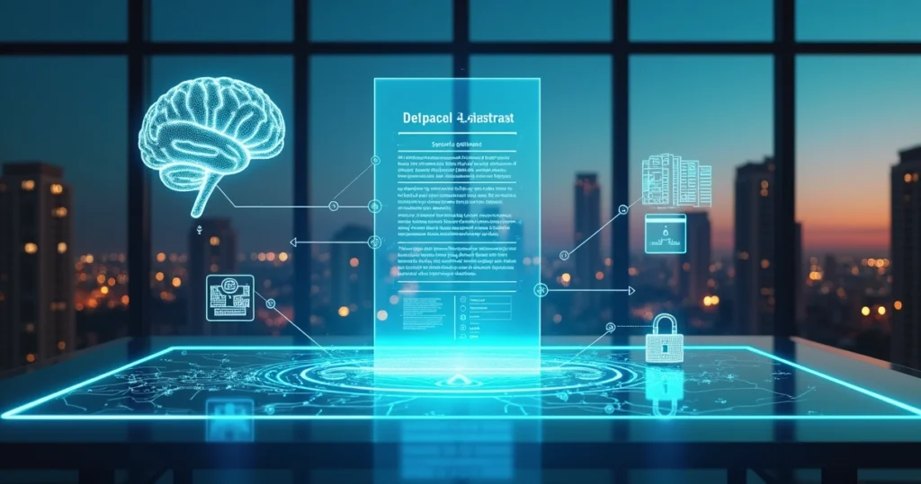 Painel digital exibindo contrato imobiliário automatizado conectado a ícones de imóveis e inteligência artificial