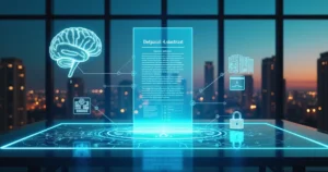 Painel digital exibindo contrato imobiliário automatizado conectado a ícones de imóveis e inteligência artificial