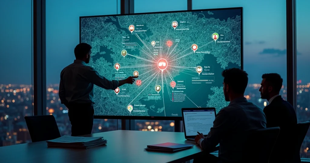 Sala de controle com mapa da cidade e documentos imobiliários sendo analisados em telas digitais