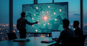 Sala de controle com mapa da cidade e documentos imobiliários sendo analisados em telas digitais