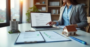Corretora conferindo dados de contrato digital de imóvel em notebook com checklists organizados ao lado