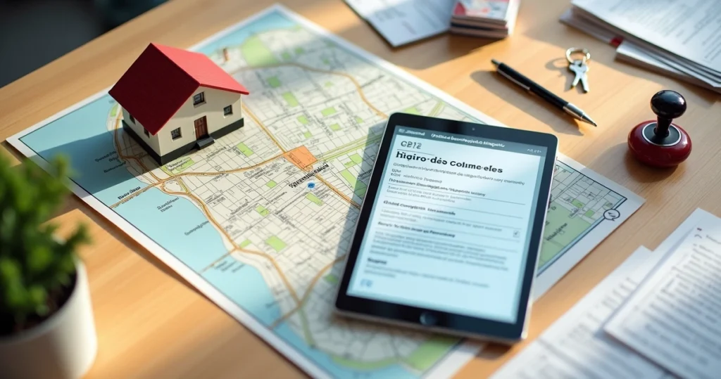 Vista superior de balcão com mapa, miniatura de casa e tablet com matrícula de imóvel