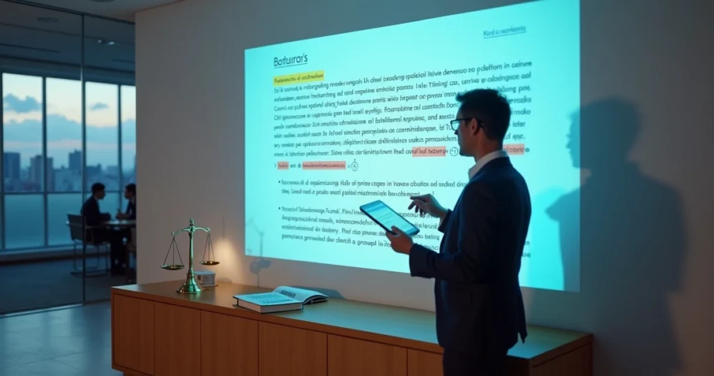 Advogado revisando contrato digital projetado em parede com destaques em cláusulas