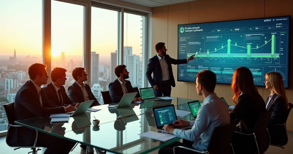 Equipe imobiliária reunida em sala panorâmica acompanhando automação jurídica em telas com contratos e imóveis